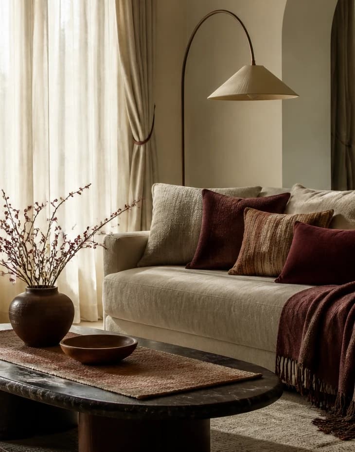 Layered cushions, throw, and lighting in a warm interior