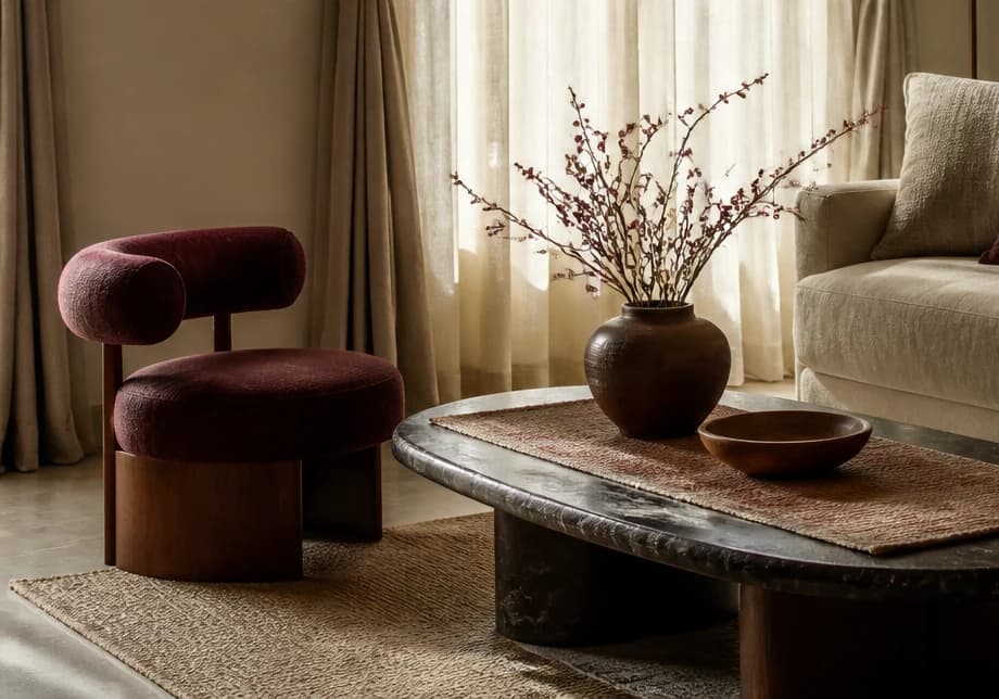 A stool and table arrangement in tactile tones